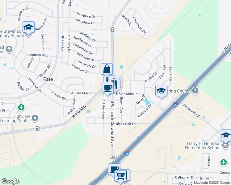 map of restaurants, bars, coffee shops, grocery stores, and more near 111 West Fate Main Place in Fate