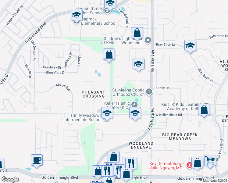 map of restaurants, bars, coffee shops, grocery stores, and more near 416 Ridgeview Circle in Fort Worth