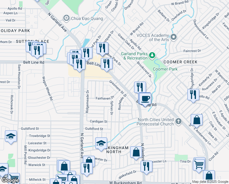 map of restaurants, bars, coffee shops, grocery stores, and more near 1009 Fairhaven Drive in Garland