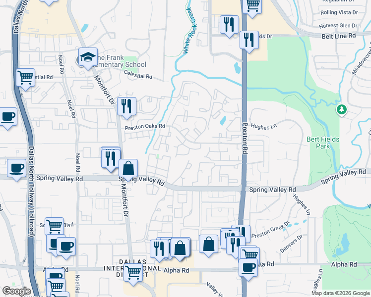 map of restaurants, bars, coffee shops, grocery stores, and more near 5800 Preston Oaks Road in Dallas