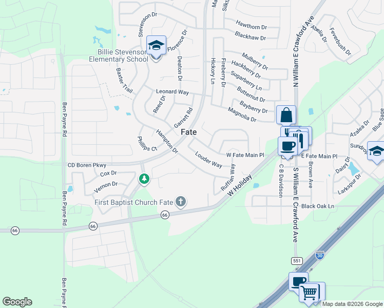 map of restaurants, bars, coffee shops, grocery stores, and more near 611 Louder Way in Rockwall