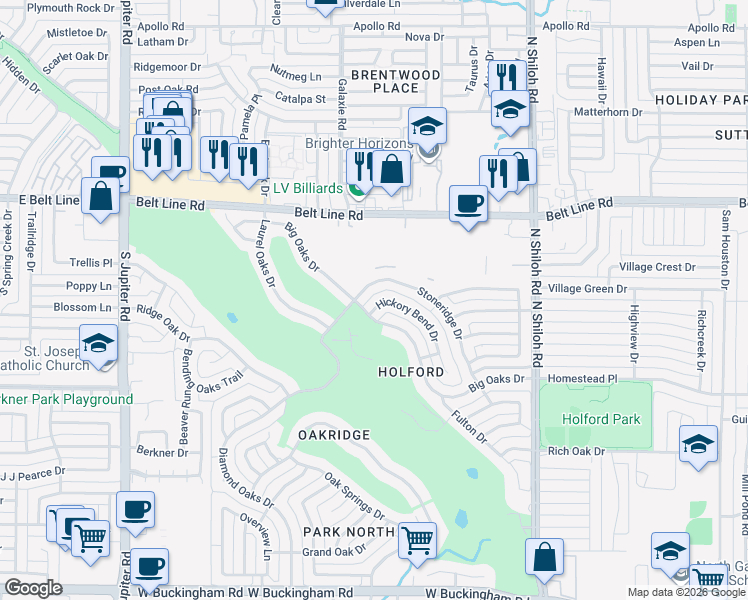 map of restaurants, bars, coffee shops, grocery stores, and more near 2827 Hickory Bend Drive in Garland