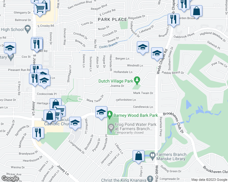 map of restaurants, bars, coffee shops, grocery stores, and more near 2909 Mark Twain Drive in Farmers Branch
