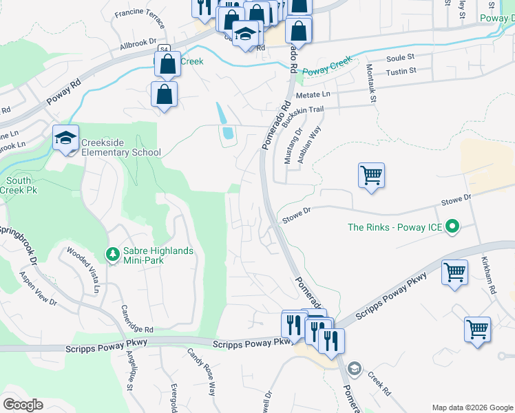 map of restaurants, bars, coffee shops, grocery stores, and more near 12284 Pepper Tree Lane in Poway