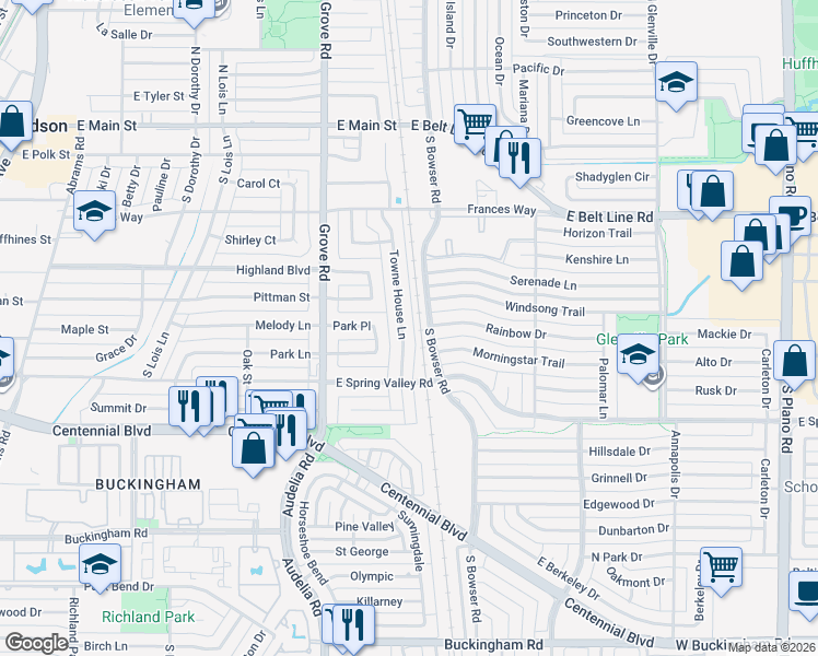 map of restaurants, bars, coffee shops, grocery stores, and more near 520 Towne House Lane in Richardson