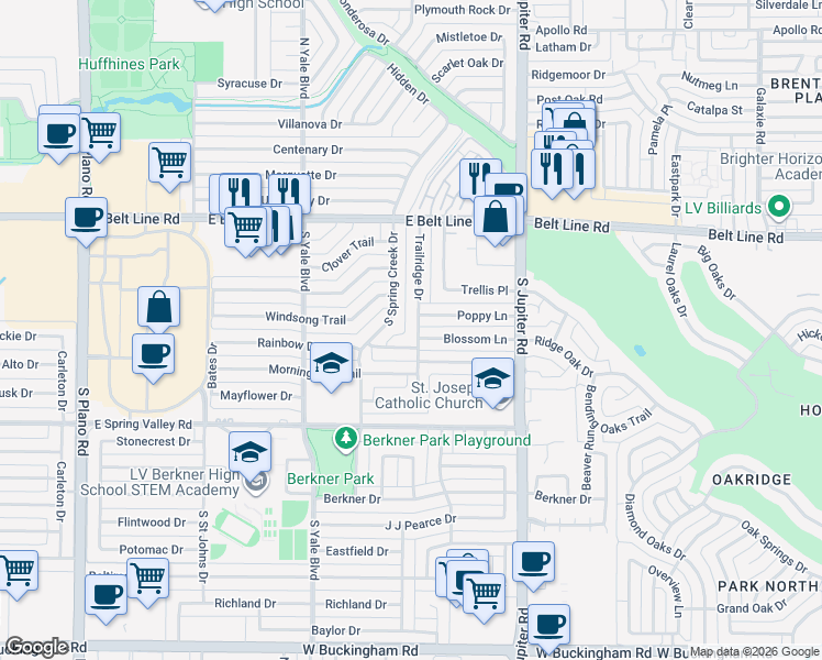map of restaurants, bars, coffee shops, grocery stores, and more near 404 Trailridge Drive in Richardson