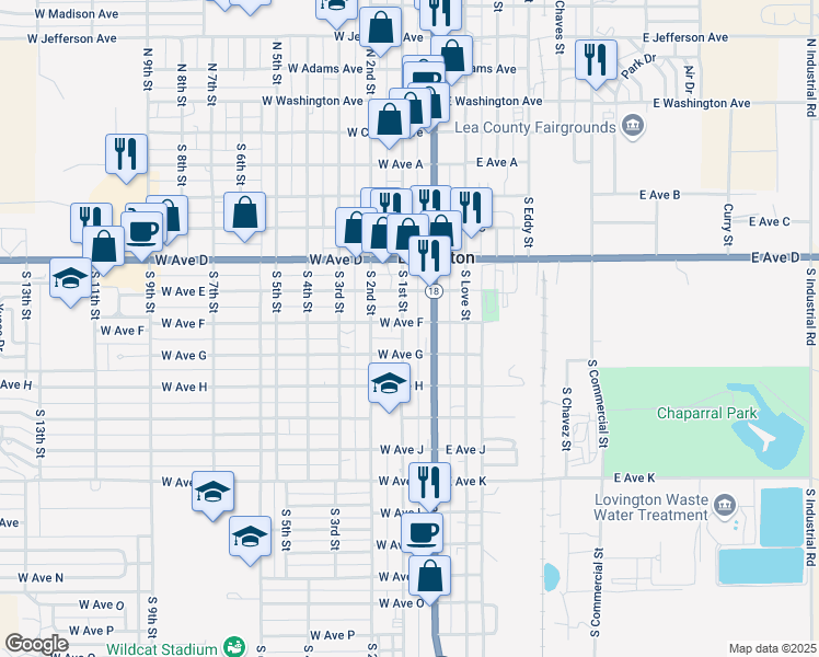 map of restaurants, bars, coffee shops, grocery stores, and more near 710 South 1st Street in Lovington