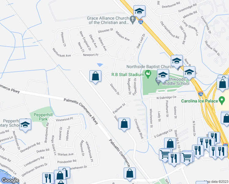 map of restaurants, bars, coffee shops, grocery stores, and more near 7745 Desoto Drive in North Charleston