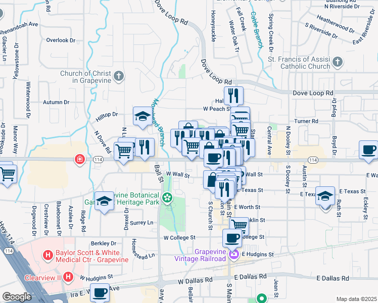 map of restaurants, bars, coffee shops, grocery stores, and more near 416 West Northwest Highway in Grapevine