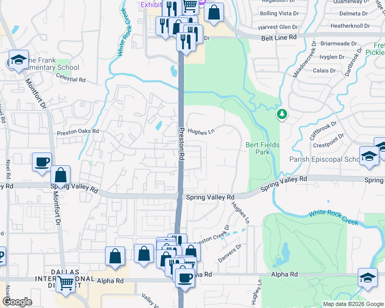 map of restaurants, bars, coffee shops, grocery stores, and more near 6019 Highplace Circle in Dallas