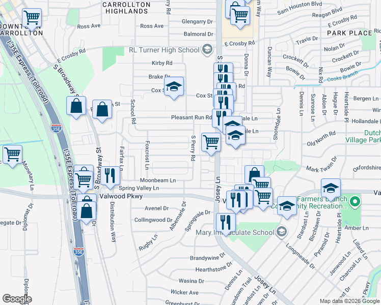 map of restaurants, bars, coffee shops, grocery stores, and more near 1855 Wintergreen Road in Carrollton