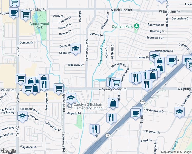 map of restaurants, bars, coffee shops, grocery stores, and more near 929 Blue Lake Circle in Richardson