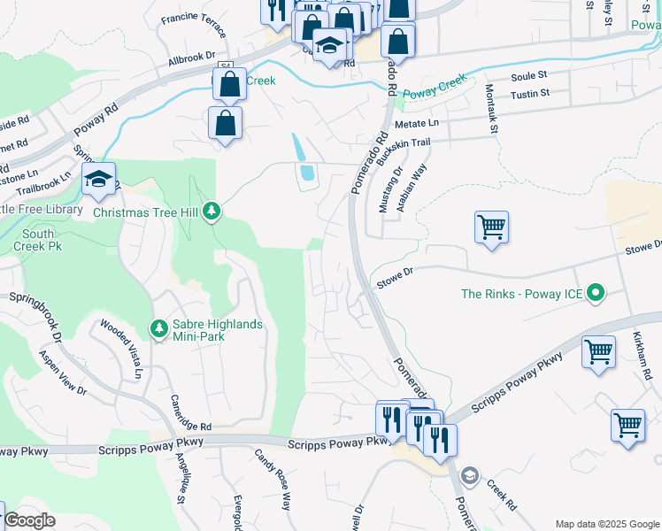 map of restaurants, bars, coffee shops, grocery stores, and more near 6 Old Pomerado Road in Poway