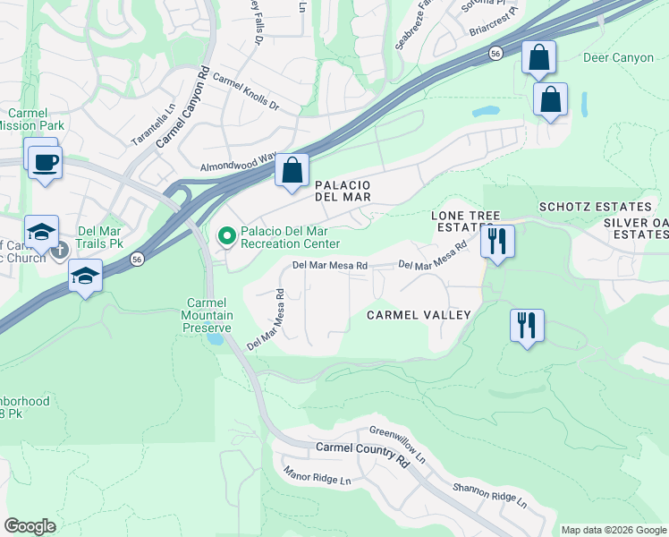 map of restaurants, bars, coffee shops, grocery stores, and more near 5155 Del Mar Mesa Road in San Diego