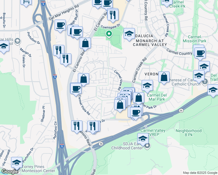 map of restaurants, bars, coffee shops, grocery stores, and more near 3720 Caminito Cielo Del Mar in San Diego
