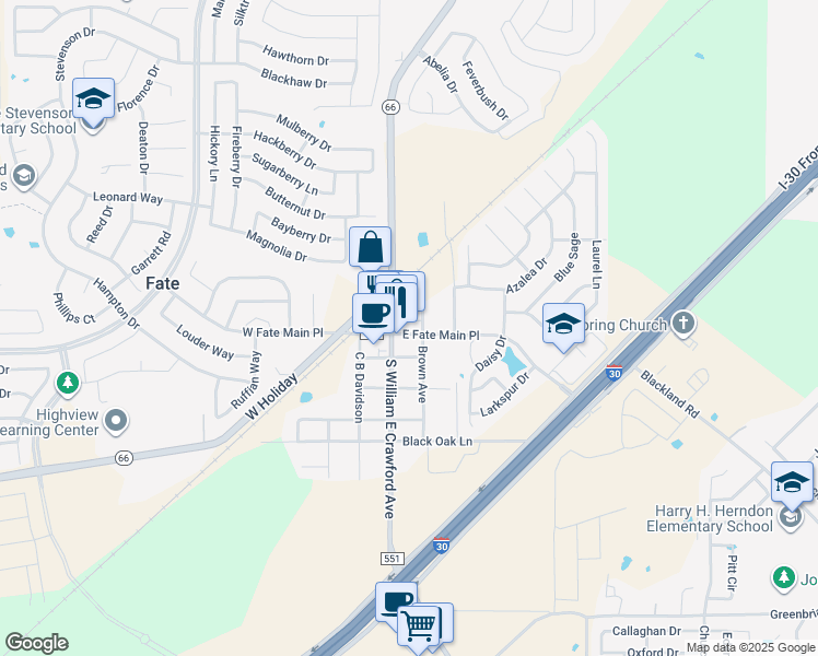 map of restaurants, bars, coffee shops, grocery stores, and more near 111 West Fate Main Place in Fate