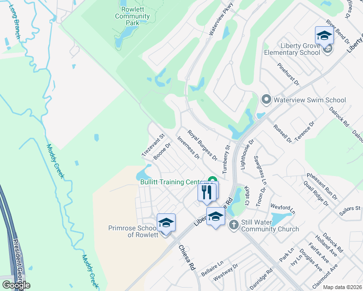 map of restaurants, bars, coffee shops, grocery stores, and more near 9401 Inverness Drive in Rowlett