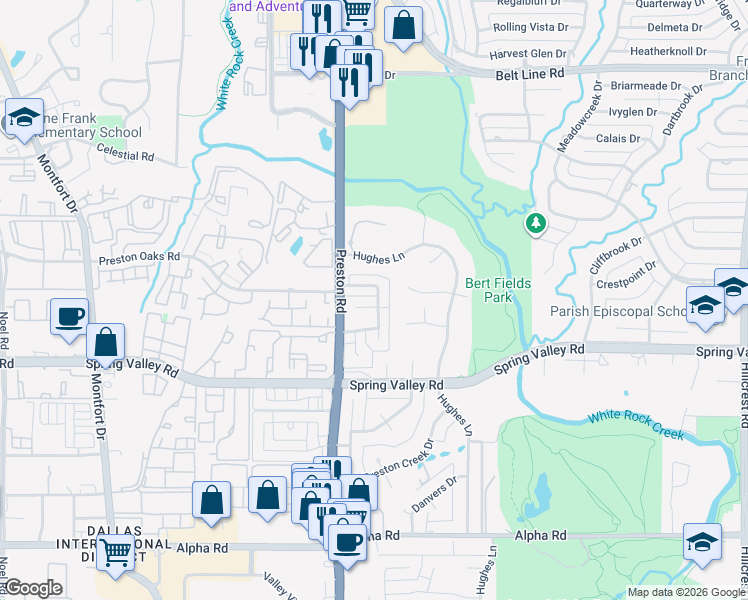 map of restaurants, bars, coffee shops, grocery stores, and more near 6019 Highplace Circle in Dallas
