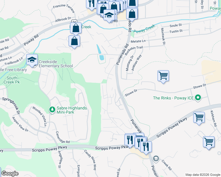 map of restaurants, bars, coffee shops, grocery stores, and more near 12323 Old Pomerado Road in Poway