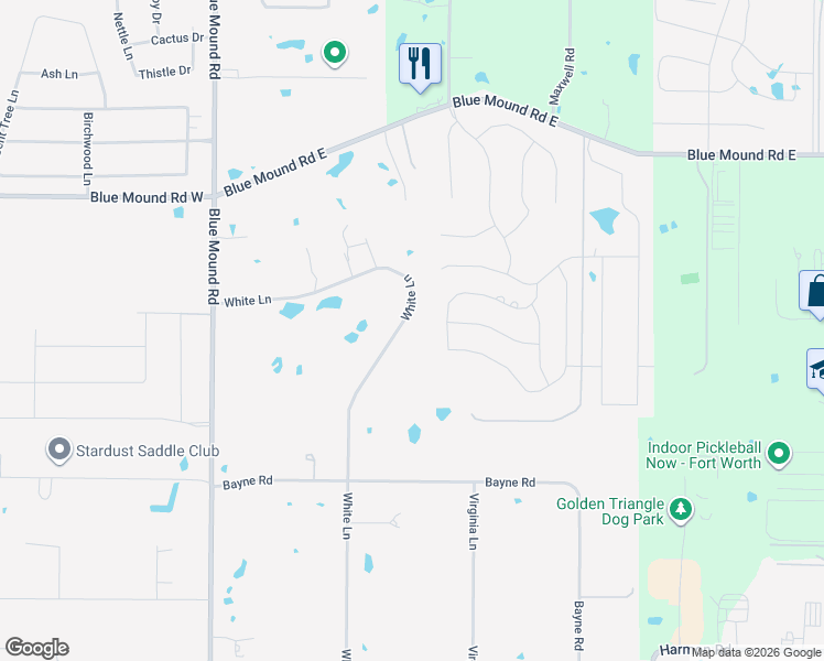 map of restaurants, bars, coffee shops, grocery stores, and more near 2105 White Lane in Haslet