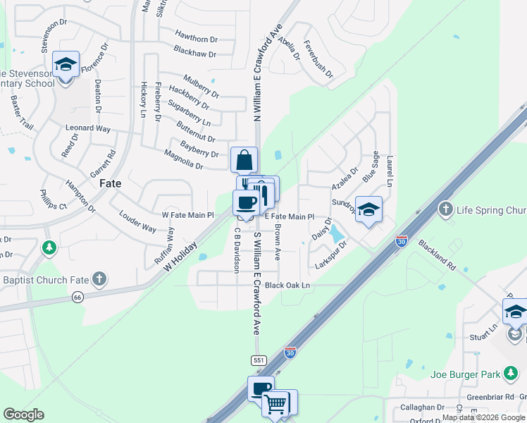 map of restaurants, bars, coffee shops, grocery stores, and more near 109 East Fate Main Place in Rockwall