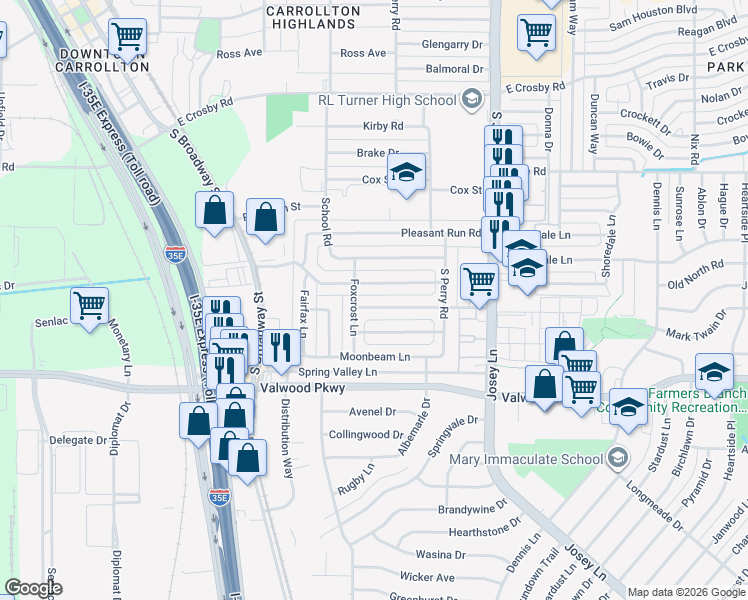 map of restaurants, bars, coffee shops, grocery stores, and more near 1827 Wintergreen Road in Carrollton