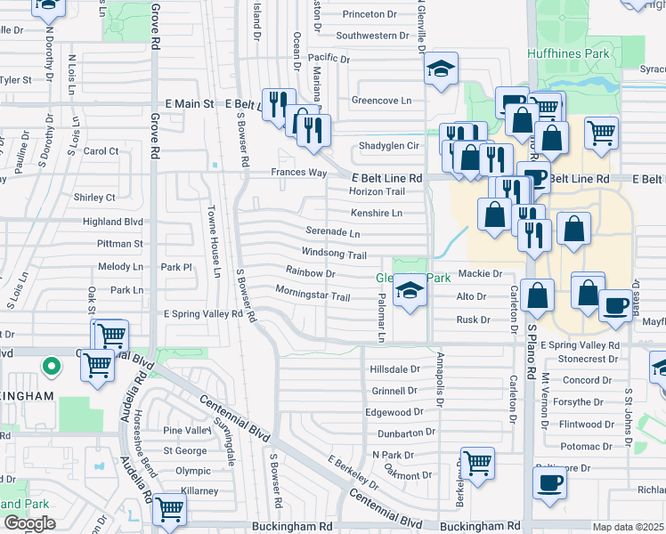 map of restaurants, bars, coffee shops, grocery stores, and more near 1101 Rainbow Drive in Richardson