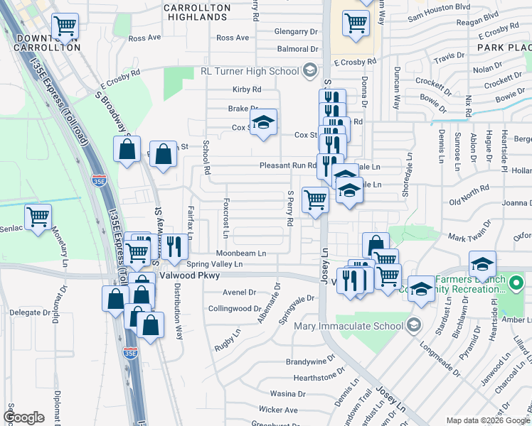 map of restaurants, bars, coffee shops, grocery stores, and more near 1843 Wintergreen Road in Carrollton