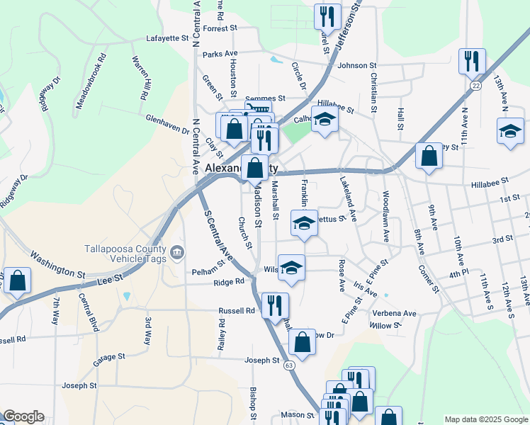 map of restaurants, bars, coffee shops, grocery stores, and more near 326 Madison Street in Alexander City
