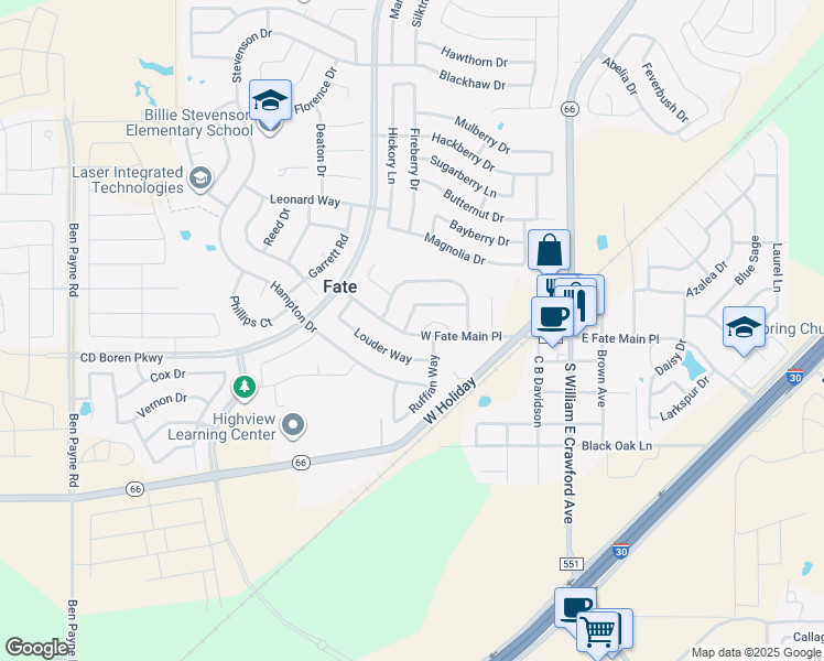 map of restaurants, bars, coffee shops, grocery stores, and more near 575 West Fate Main Place in Rockwall