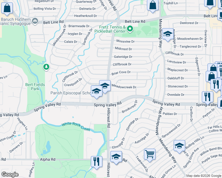 map of restaurants, bars, coffee shops, grocery stores, and more near 14164 Hillcrest Road in Dallas