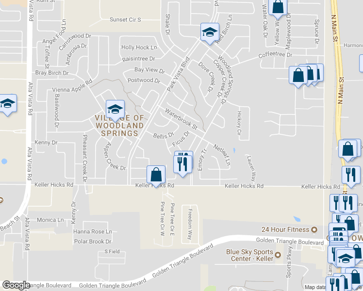 map of restaurants, bars, coffee shops, grocery stores, and more near 5309 Lily Drive in Keller