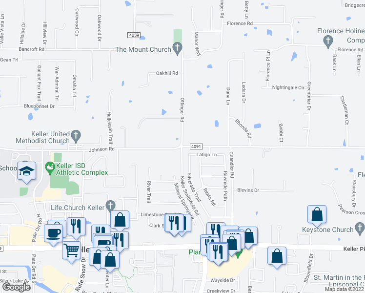 map of restaurants, bars, coffee shops, grocery stores, and more near 1325 Johnson Road in Keller