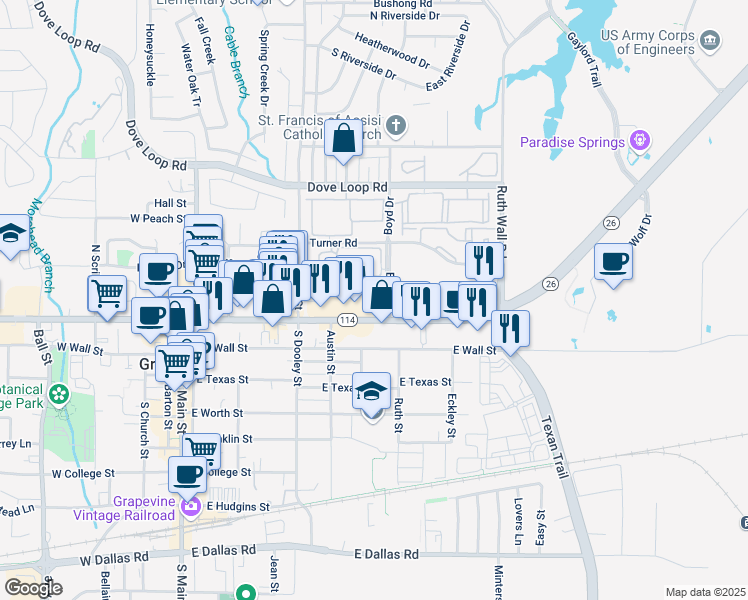 map of restaurants, bars, coffee shops, grocery stores, and more near 751 East Northwest Highway in Grapevine