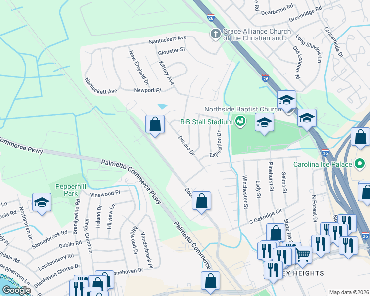 map of restaurants, bars, coffee shops, grocery stores, and more near 7745 Desoto Drive in North Charleston