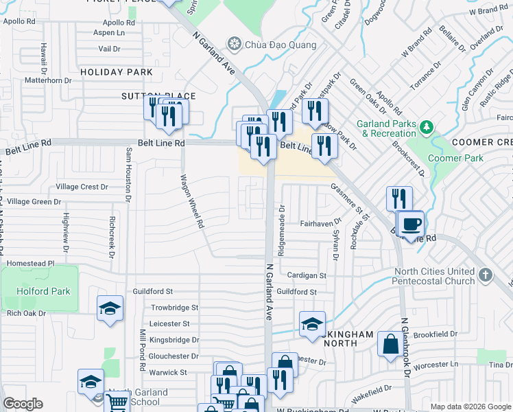 map of restaurants, bars, coffee shops, grocery stores, and more near 2745 North Garland Avenue in Garland