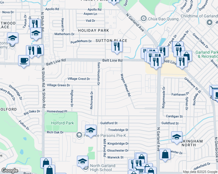 map of restaurants, bars, coffee shops, grocery stores, and more near 1822 Plantation Road in Garland