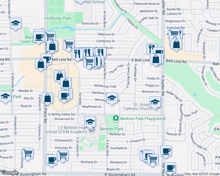 map of restaurants, bars, coffee shops, grocery stores, and more near 1809 Rainbow Drive in Richardson
