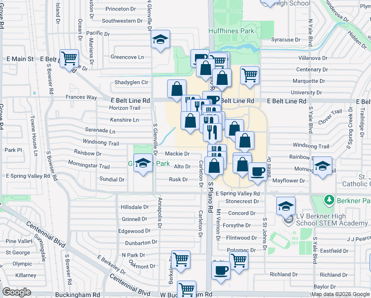 map of restaurants, bars, coffee shops, grocery stores, and more near 1320 Mackie Drive in Richardson
