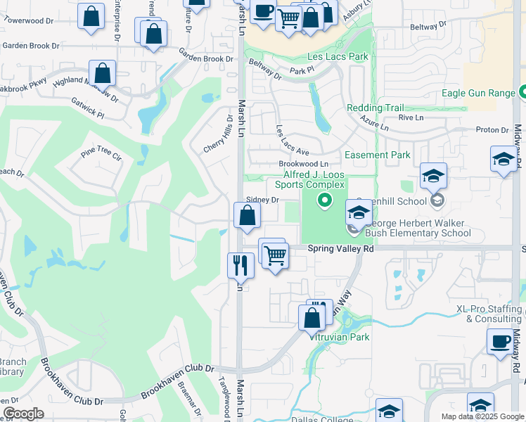 map of restaurants, bars, coffee shops, grocery stores, and more near 14500 Marsh Lane in Addison