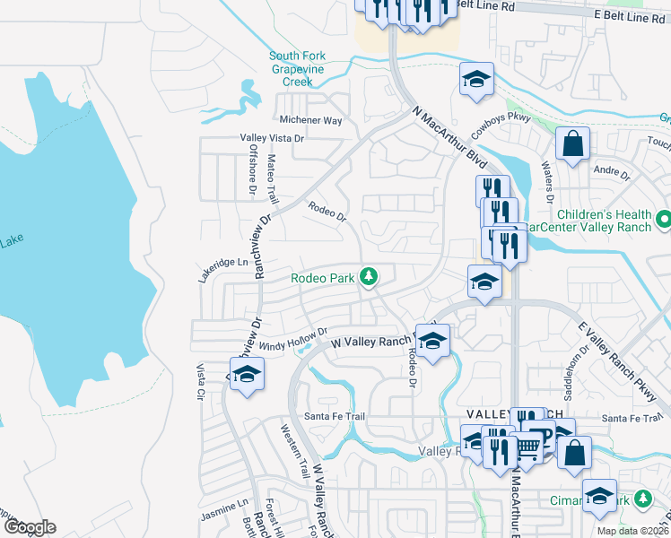 map of restaurants, bars, coffee shops, grocery stores, and more near 9723 Wolf Creek Drive in Irving