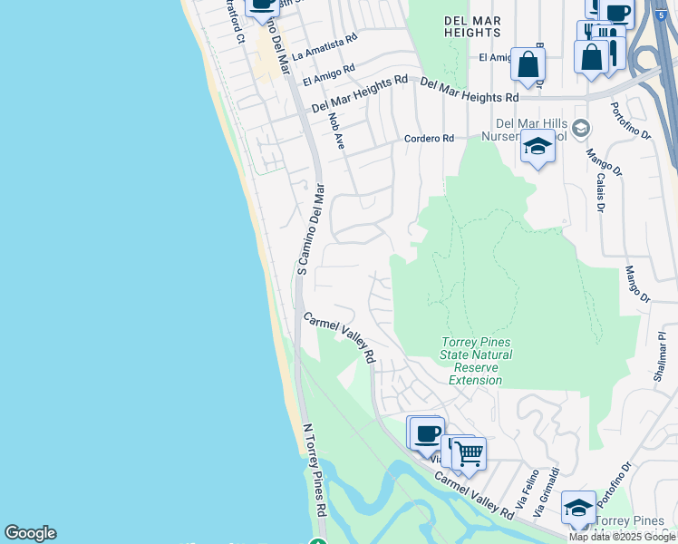 map of restaurants, bars, coffee shops, grocery stores, and more near 237 Torrey Pines Terrace in Del Mar