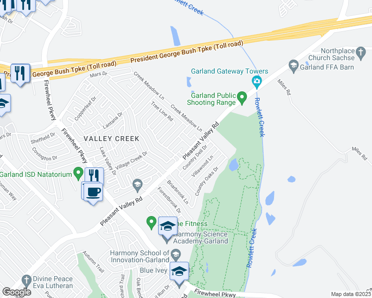map of restaurants, bars, coffee shops, grocery stores, and more near 2206 Oak Meadow Circle in Garland