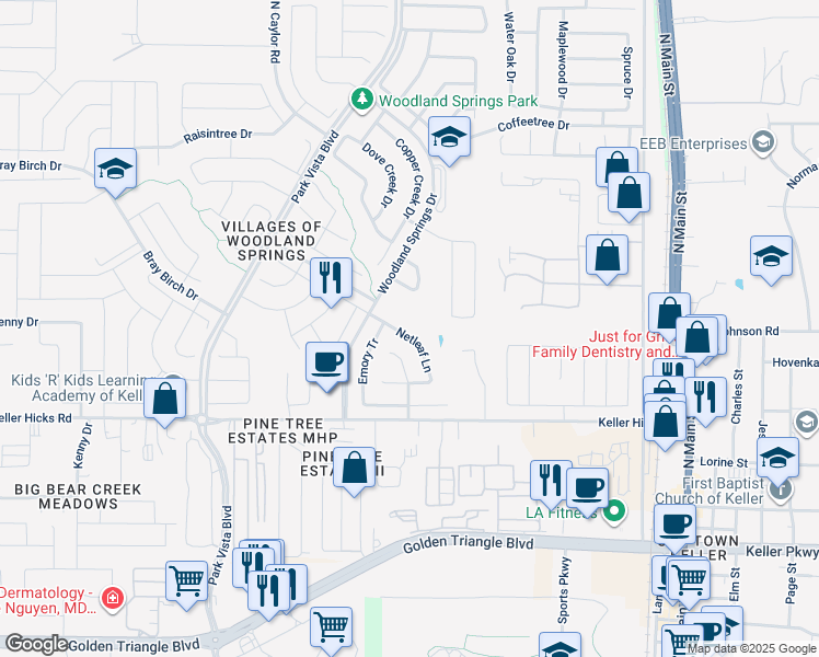 map of restaurants, bars, coffee shops, grocery stores, and more near 11716 Netleaf Lane in Fort Worth