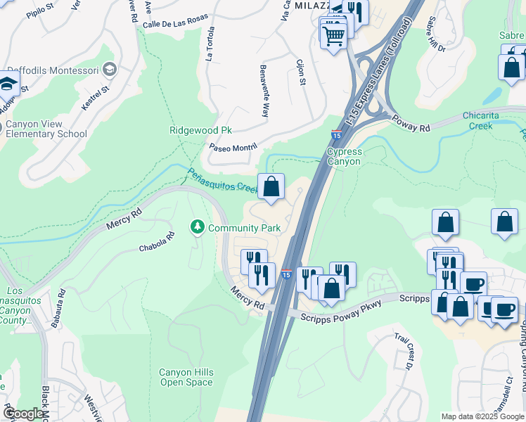 map of restaurants, bars, coffee shops, grocery stores, and more near 9920 Kika Court in San Diego