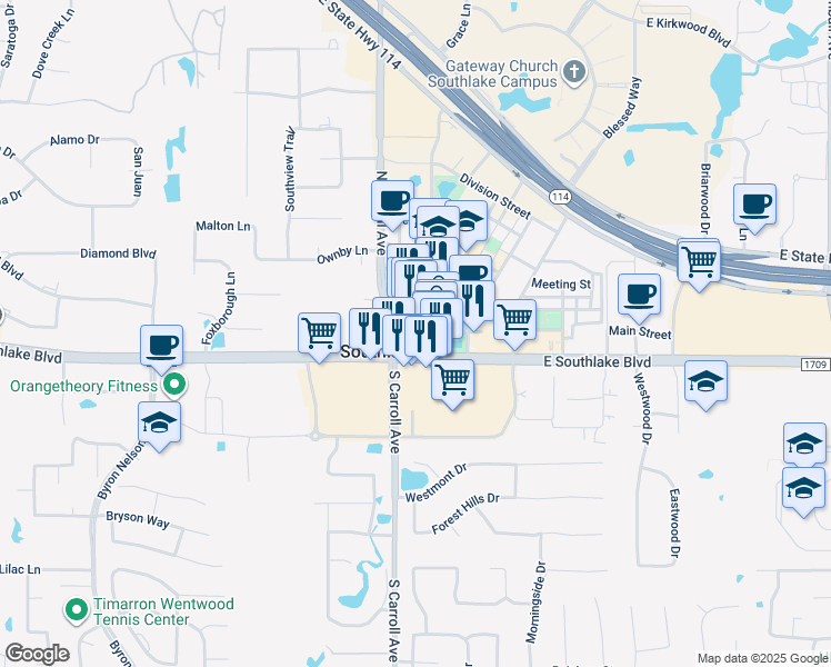 map of restaurants, bars, coffee shops, grocery stores, and more near 140 State Street in Southlake