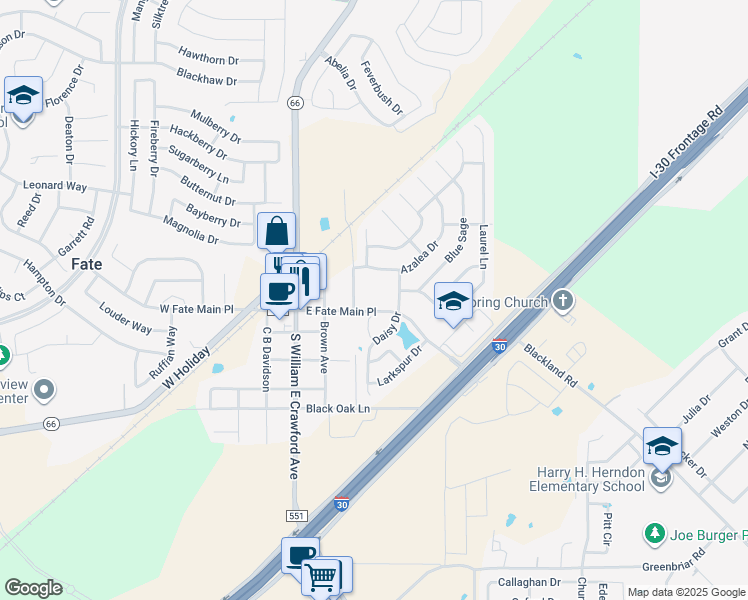 map of restaurants, bars, coffee shops, grocery stores, and more near 62 Lantana Drive in Royse City