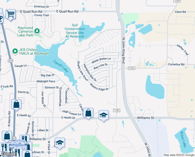 map of restaurants, bars, coffee shops, grocery stores, and more near 1210 Blue Brook Drive in Rockwall