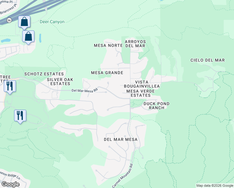 map of restaurants, bars, coffee shops, grocery stores, and more near 12440 Del Vino Court in San Diego