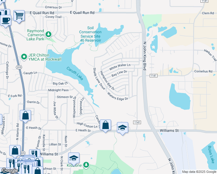 map of restaurants, bars, coffee shops, grocery stores, and more near 1195 Hampton Bay Drive in Rockwall